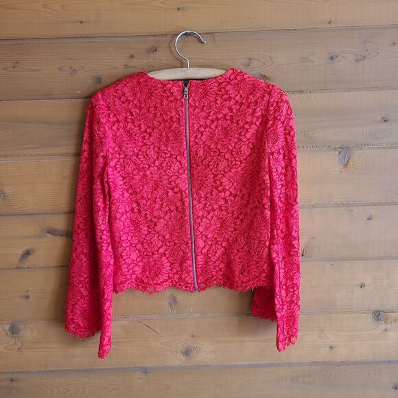 Alice + Olivia Pasha Corded Lace Crop Top Poppy Red Small Zip Back Flare Sleeve - Picture 3 of 4